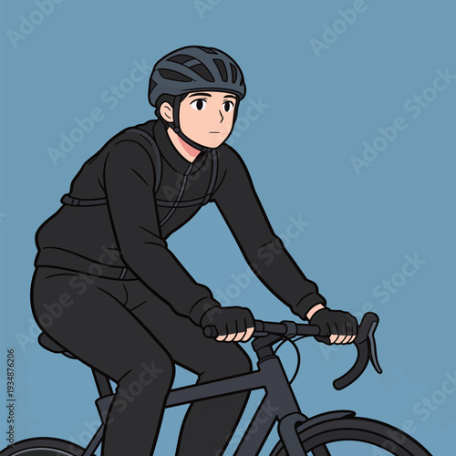 A person rides a bicycle while wearing a helmet and dark clothing, focusing forward with a steady posture.