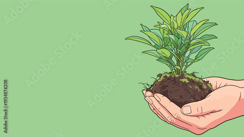 Hands support a young plant with green leaves and rich soil showing the act of nurturing and caring for new growth.