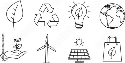 Eco friendly energy outline icons vector set with recycle wind solar and sustainability symbols