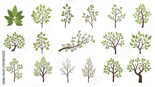 Diverse collection of green deciduous and evergreen tree sketches in various styles and sizes for architectural planning and map design.