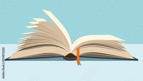 Large open hardcover book with multiple pages fluttering in the wind and a small orange ribbon bookmark on a light blue background scene.