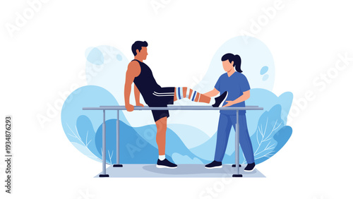 Female physical therapist helping a man with a bandaged leg perform specialized exercises on parallel bars in a modern medical clinic.