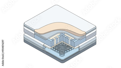 Detailed cross section of a comfortable mattress showing multiple layers including memory foam and metal support springs for a sleep theme.