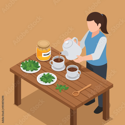 Woman Pouring Tea from Teapot on Wooden Table with Herbs and Honey.
