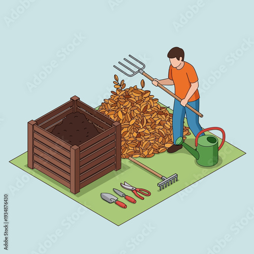 Man composting leaves in a garden with gardening tools.