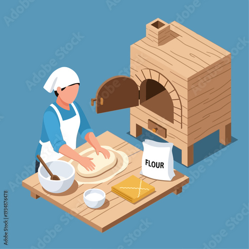 Baker preparing dough near a traditional wooden brick oven.