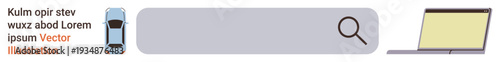 Online search, navigation, technology, web tools, digital concepts, user interface. Search bar with magnifying glass, car icon and laptop. Online search and navigation concept