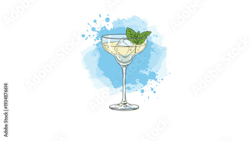 Refreshing margarita cocktail in a classic glass with ice and mint leaves is set against a vibrant blue watercolor splash.