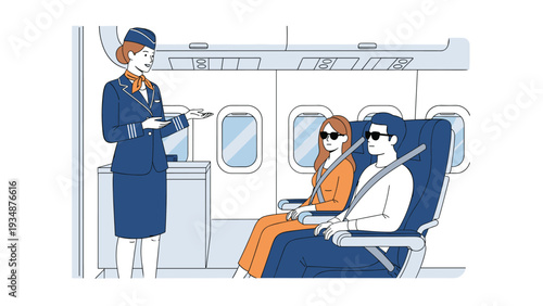Professional flight attendant in a blue uniform speaks to passengers wearing sunglasses and seatbelts during a commercial flight.