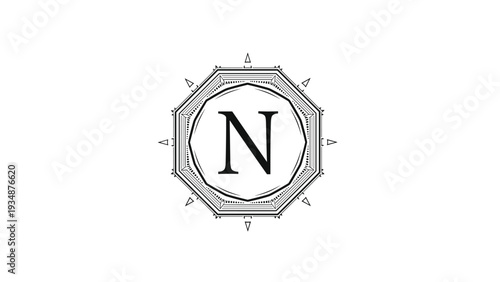 Decorative monogram featuring the letter N in a vintage circular frame with geometric and star accents is isolated on white.