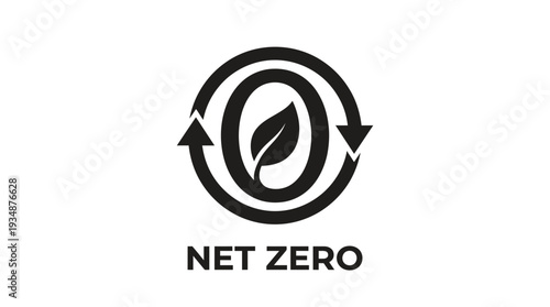 Net zero symbol with circular arrows and a green leaf inside the zero, signifying carbon neutrality and environmental sustainability goals for a balanced ecosystem.