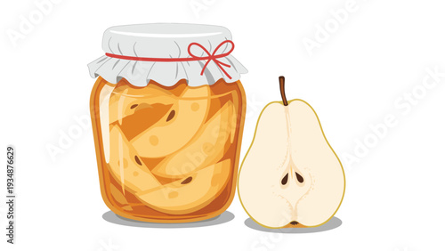 Glass jar filled with golden pear jam slices sits next to a fresh half pear in a clean and appetizing food illustration.