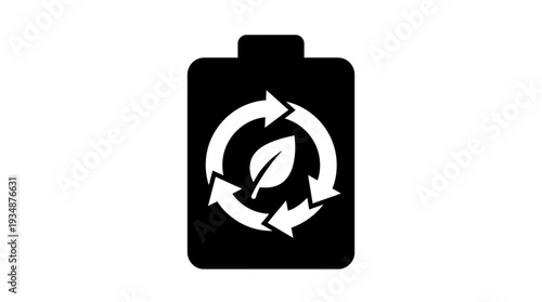 Eco-friendly battery symbol with recycling arrows and a green leaf, representing sustainable energy and renewable power sources for a greener planet.