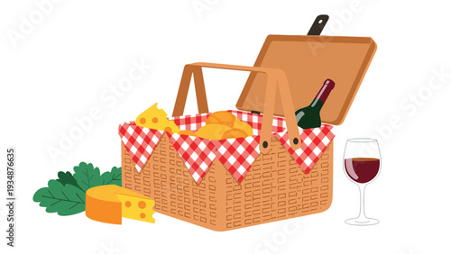 Traditional wicker picnic basket is packed with bread, cheese, and red wine, accompanied by a full wine glass and more cheese.