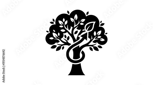 Stylized black tree with a green leaf and a coiled arrow symbolizing carbon offset, growth, and environmental responsibility in ecological initiatives.