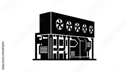 Black silhouette icon of a direct air capture machine, representing advanced technology for carbon capture, climate change mitigation, and environmental engineering solutions.