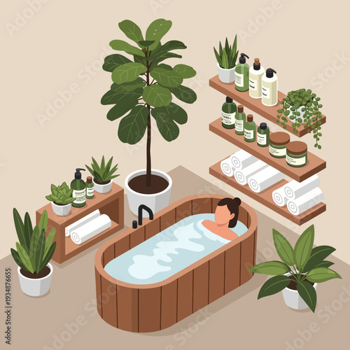 Woman relaxing in a wooden bathtub surrounded by plants and spa products.
