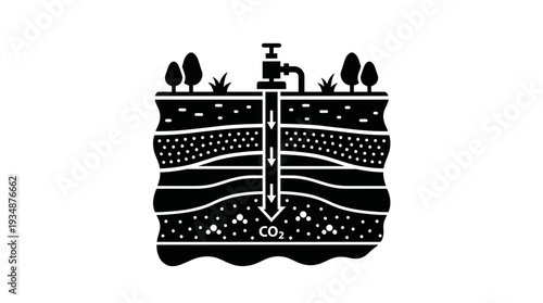 Black silhouette icon illustrating carbon storage underground, showing layers of earth and a well injecting CO2, symbolizing geological sequestration and climate solutions.