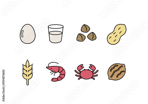 食物アレルギー表示　アレルゲンのイラスト　マーク　アレルゲンのアイコン
