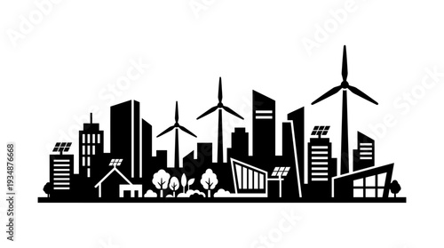 Black silhouette of a modern city skyline integrated with wind turbines and solar panels, representing renewable energy, sustainable urban development, and green technology.