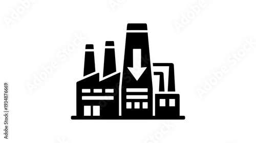 Black icon of a factory with smokestacks and a downward arrow, representing emission reduction, industrial pollution control, and environmental sustainability efforts.