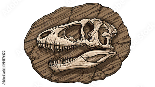Detailed fossil of a Tyrannosaurus Rex skull is embedded in a cracked rock, showing sharp teeth and ancient bone structure.