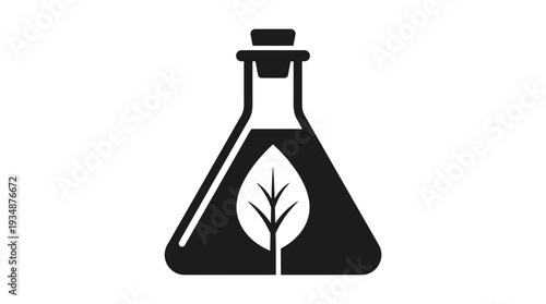 Laboratory flask containing a leaf, symbolizing climate technology, scientific research, and innovation in environmental solutions and sustainable practices.