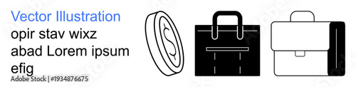 Finance, business, organization, travel, education, workplace essentials. Black-and-white icons of a coin, a briefcase and a backpack. Finance and business essentials concept