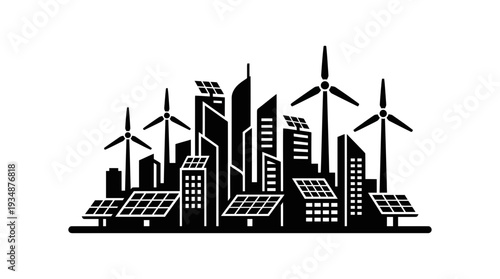 Silhouette of a futuristic sustainable city skyline with wind turbines, solar panels, and modern skyscrapers, symbolizing green energy and eco-friendly urban development.