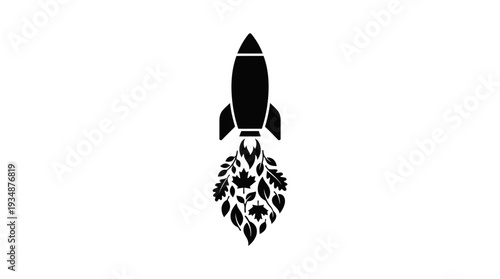 Black silhouette of a rocket launching with exhaust fumes made of leaves and branches, symbolizing climate tech innovation and rapid advancement in environmental solutions.