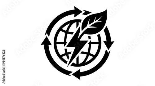 Global climate technology ecosystem symbol featuring a lightning bolt, leaf, and recycling arrows around a stylized Earth, representing clean energy and environmental sustainability.