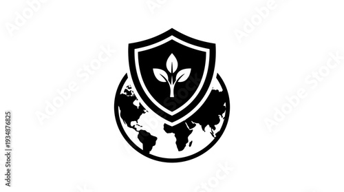 Eco shield protecting a globe with a plant sprout inside, symbolizing environmental protection, planetary security, and the safeguarding of Earth's natural resources.