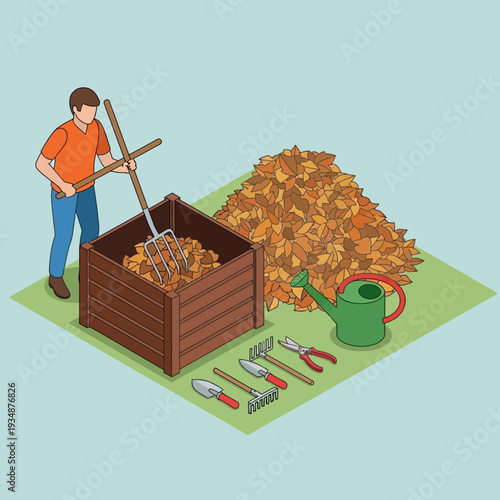 Gardener composting with gardening tools.