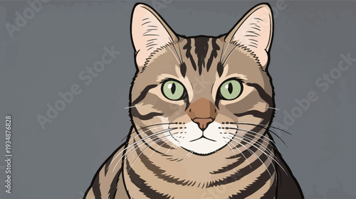 A cat with stripes sits still and looks at the viewer with bright green eyes. The background is gray and plain.