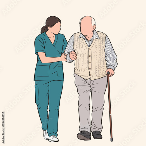 A nurse supports an elderly man using a cane as they walk together in a care facility during the day.