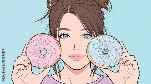 A woman stands in front of a light blue background holding two donuts. She has pink and blue frosted donuts with sprinkles.