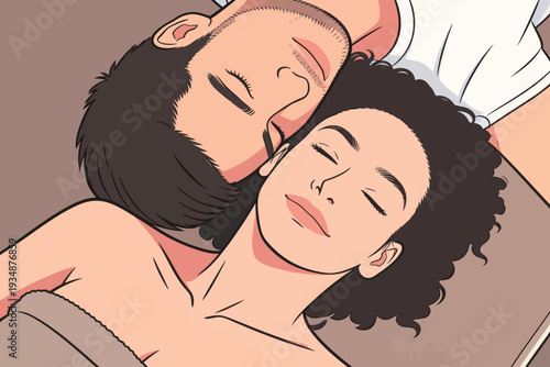 Two people rest peacefully on a bed, their heads close together and eyes shut, enjoying a quiet moment indoors.