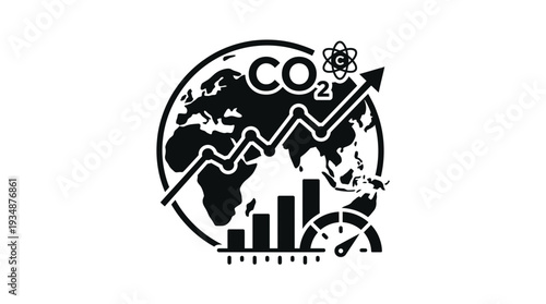 Global carbon tracking dashboard icon with a rising graph, CO2 symbol, and speedometer, illustrating worldwide carbon emissions monitoring and environmental data analysis.