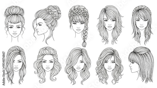 Collection of different female hairstyles and haircuts shown in detailed black and white line art sketches for fashion design.