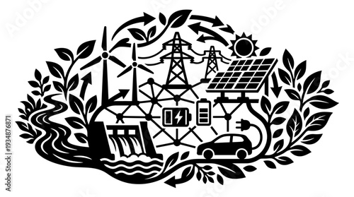 Renewable energy ecosystem network illustration with wind turbines, solar panels, dam, batteries, electric car, and power lines, surrounded by leaves and arrows.