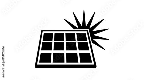 Simple black icon of a solar panel with stylized sun rays, representing solar power, renewable energy, and sustainable electricity generation.