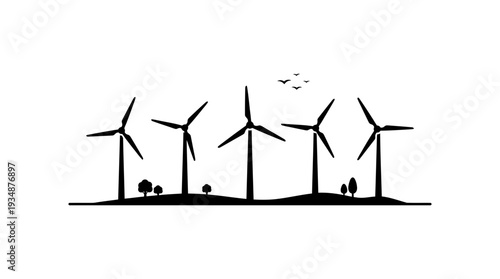 A simple black silhouette of five wind turbines standing on a grassy hill with a few trees and birds flying overhead, representing renewable energy and nature.