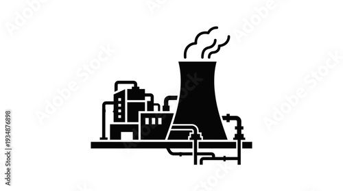 A black silhouette of a geothermal power plant with steam rising from a cooling tower, illustrating industrial energy production and environmental technology.