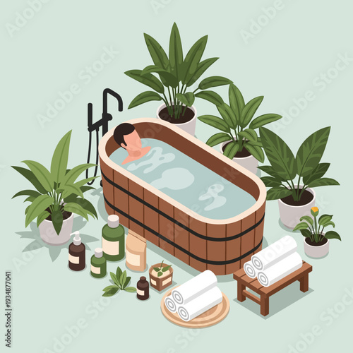 Woman Relaxing in a Wooden Bathtub Surrounded by Plants and Spa Essentials.