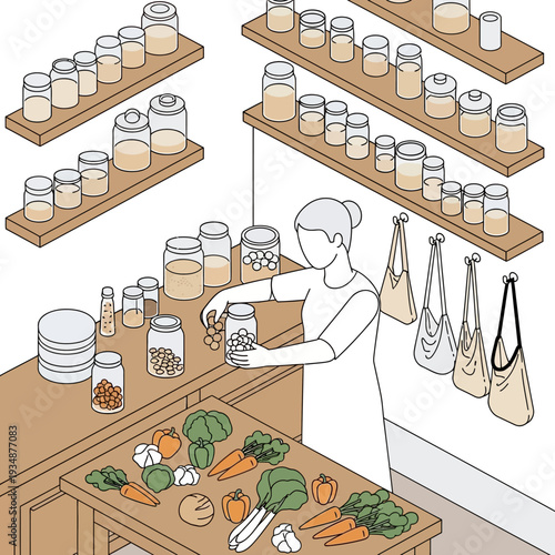 Woman preparing food in a kitchen with jars and vegetables.