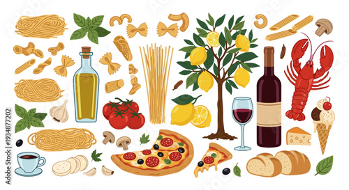 Vibrant Assortment: Delicious Italian Food and Drink Items 