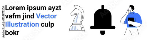 Strategic thinking, notifications, decision-making, business planning, communication, conceptual ideas. Chess knight, bell and man holding a clipboard. Strategic thinking and notifications