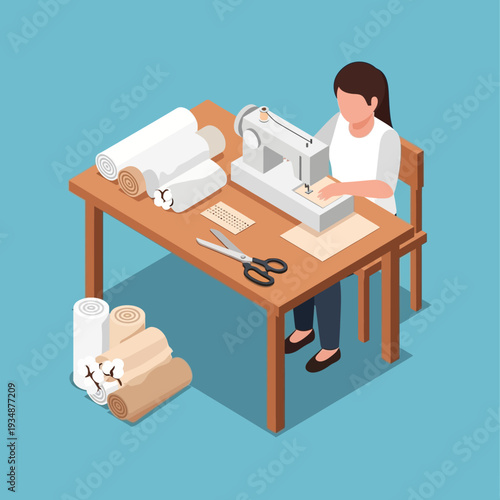 Woman working on a sewing machine with fabric and scissors on a wooden table.