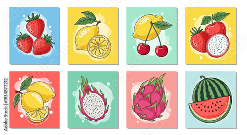 Vibrant illustration of various fresh fruits on colorful square cards summer concept