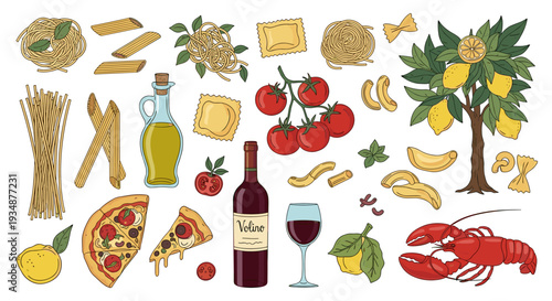 Vibrant illustration of classic Italian food ingredients isolated cartoon style